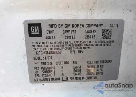 2018 Chevrolet Trax Ls z USA, uszkodzony, nr VIN KL7CJNSB4JB702556